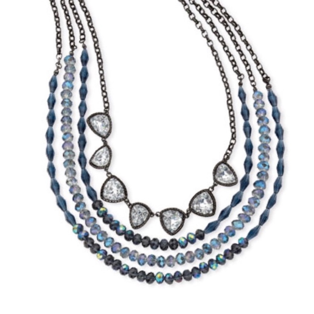 Premier Designs 2016 Hematite Multi Strand Necklace w/ Blue Beads & Clear Stones